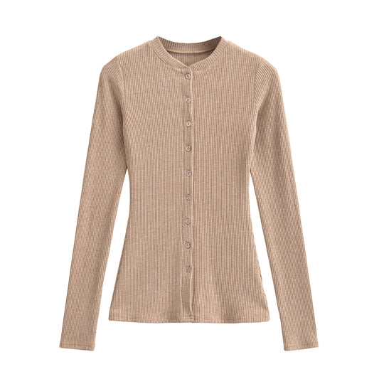 Round neck single breasted slim fit cardigan top