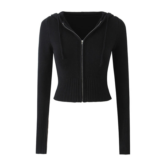 Elastic slim fit drawstring hooded zipper top