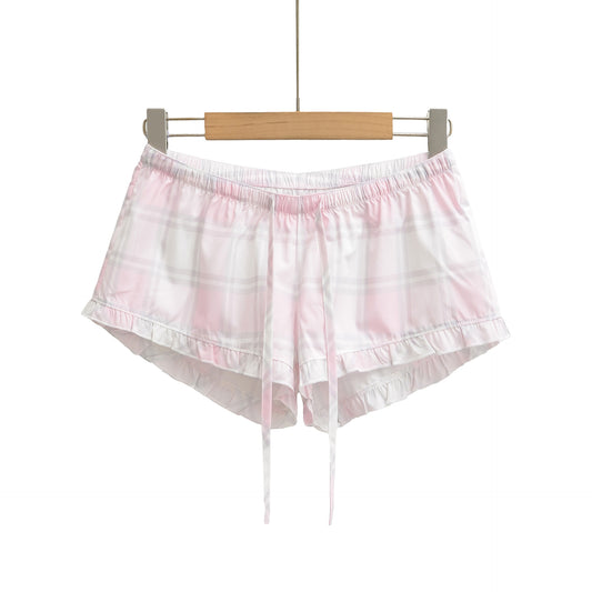 High waisted elastic waisted pink checkered shorts
